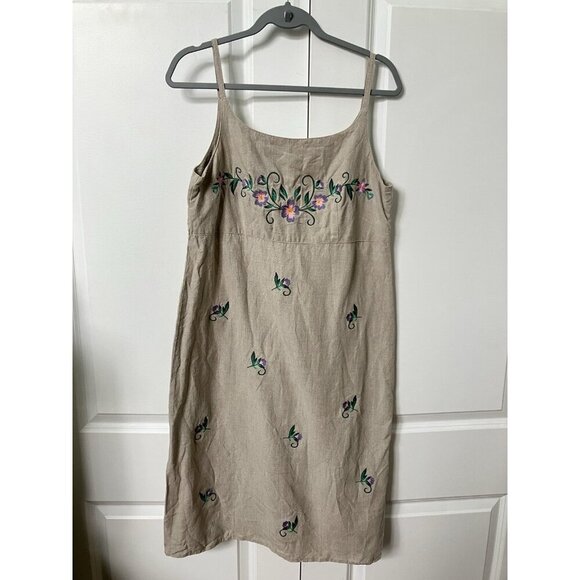 Y2K Gap Linen Embroidered Dress Womens 12 Floral Strappy Neutral Vintage 90s - Picture 1 of 10
